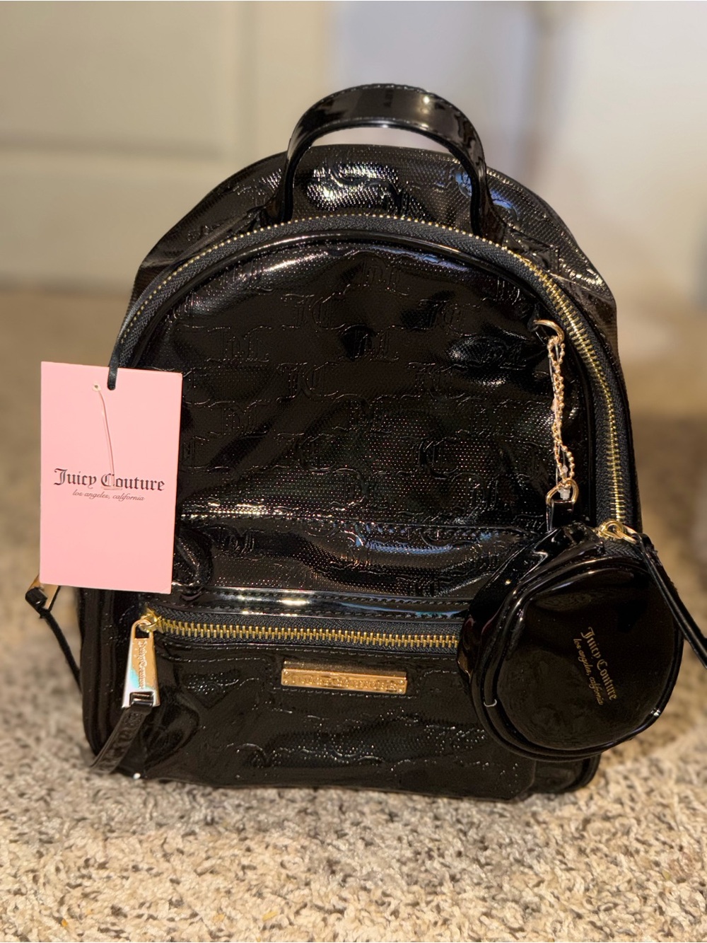 Juicy Couture Black Patent Mini Backpack with Gold Hardware